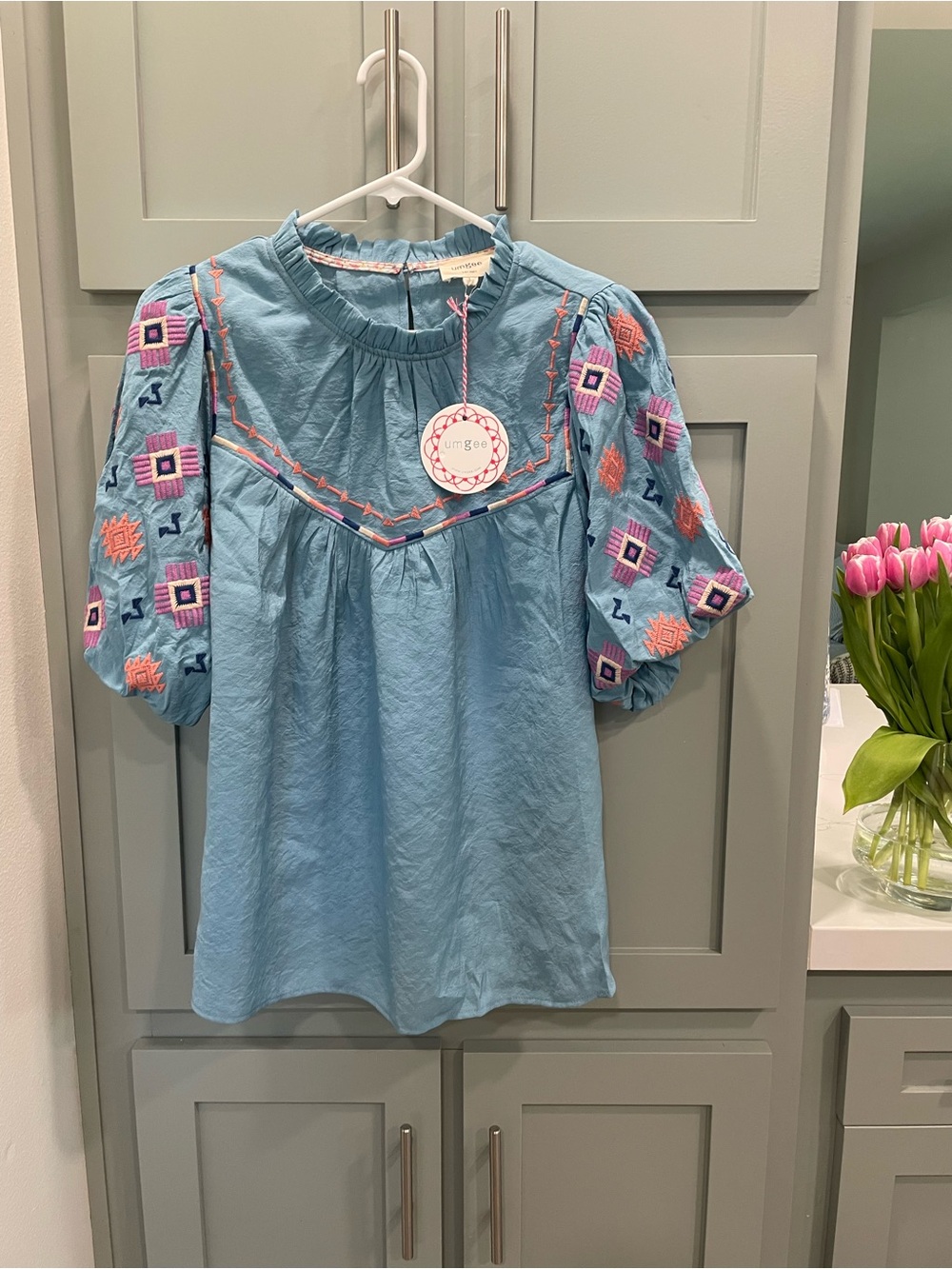 Umgee Blue Embroidered Puff Sleeve Blouse